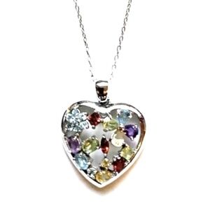 Sterling Silver Heart Shaped Multi Gemstone Necklace